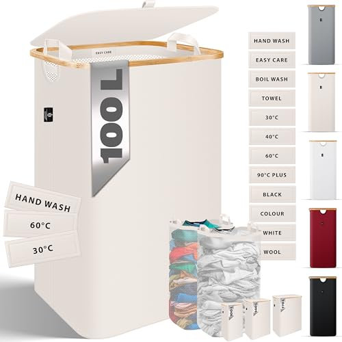 KESSER® Wäschekorb mit Deckel faltbar 100 Liter Wäschebox Wäschetruhe Wäschekorb Wäschetonne | Wäschesammler mit 2x herausnehmbaren Wäschesäcke | Wäschesortierter inkl. Waschhinweisen Beige