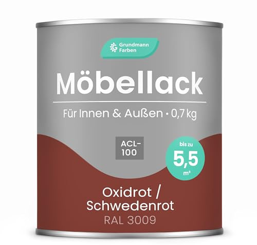 Grundmann Möbellack ACL 100 - Schwedenrot 0,7 Kg - Lösemittelfrei & Geruchsarm - 4in1 Möbelfarbe inkl. Grundierung - Innen und Außen - Für Holz, Metall & Kunststoff - Oxidrot RAL 3009