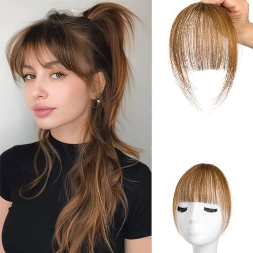 Pony-Haarverlängerung zum Anklippen, 100% Echthaar, für Damen, Haarteile mit gebogenem Pony für den täglichen Gebrauch, Hellbraun, Wispy Bangs