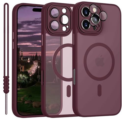 YUANDMI Cover Magnetica per iPhone 16 Pro Cover con MagSafe, Custodia Per iPhone 16 Pro Traslucida Opaca Case Ultra-Sottile Silicone Anti-Scivolo Resistente ai Graffi, Prugna