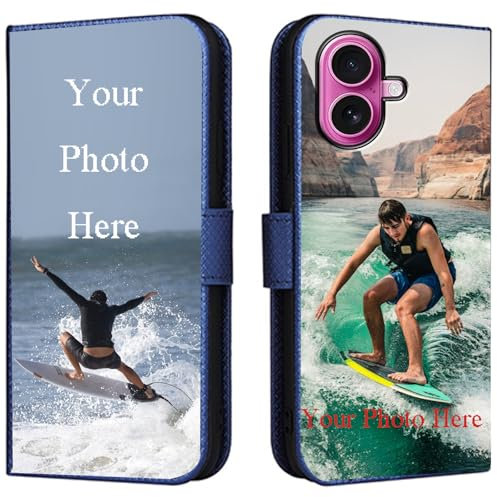 FortiCase Personalised Phone Case for iPhone 16,PU Leather Flip Cover,with Card Slots,Holder Cases,Design Your Own Photo Image,Text Personalised Case - Blue-LN4