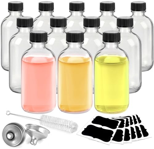 Lot de 12 mini bouteilles rondes en verre avec couvercles et entonnoirs de 60,7 g - Anti-fuites - Pour huiles essentielles, parfums, cosmétiques - Essentiels de voyage