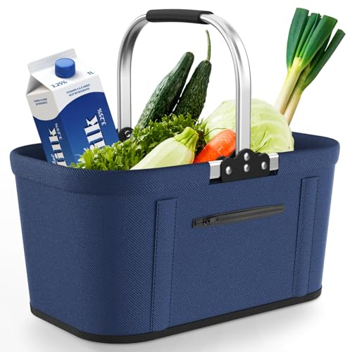 Yeabett 30L Faltbarer Einkaufskorb mit 4 Stützstangen, Blau | Stabiler Tragekorb & Picknickkorb | Großer Faltkorb | 46x27x25cm | Gepolsterte Griffe | Für Einkauf, Reise, Camping, Familie