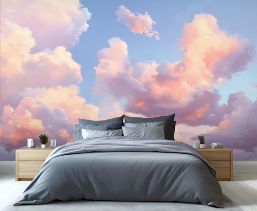 YXQAIED Wolkentapete, Himmel-Schlafzimmer-Tapete, blauer Himmel und weiße Wolken, Tapete für Wohnzimmer, nicht selbstklebend, rosa Foto, 3D-Wandbilder und Raumdekoration, 100 x 70 cm