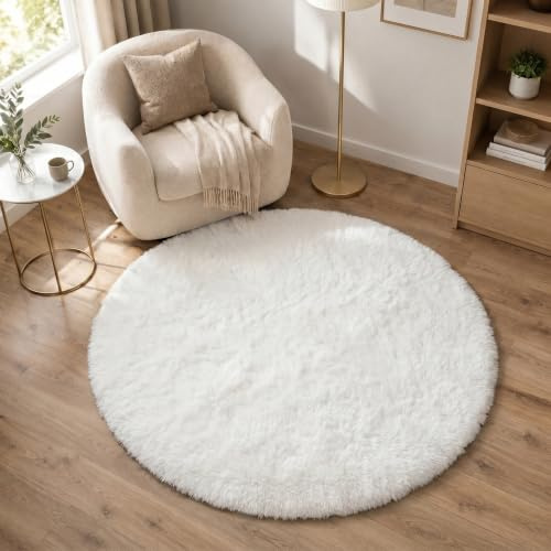 BEIMO Hochflor Teppich Flauschig Weiß Teppich Wohnzimmer Rund 120CM Teppiche Schlafzimmer Anti-Rutsch Bettvorleger Teppiche Weich rutschfest für Kinderzimmer