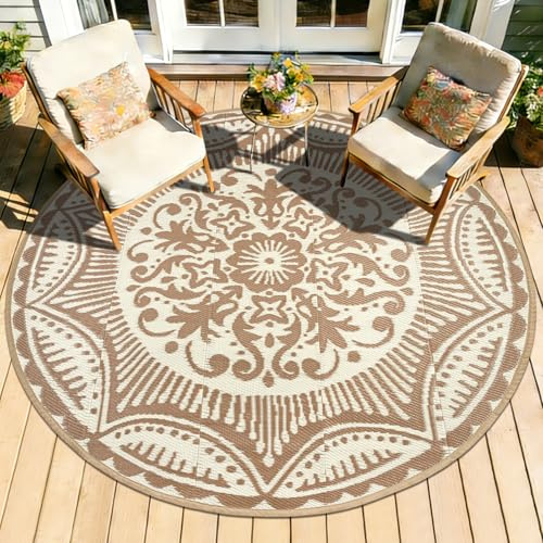 Capslpad Outdoor Teppich Wetterfest, Balkon Teppich, Kunststoff Camping Teppich, Leichtgewicht Picknickdecke, Vorzeltteppich Outdoorteppich für Balkon, Picknick, Camping, Garten, 150 x 150 cm Beige