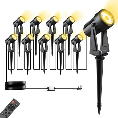 Pogestrand 10 Pack 35M Garden Lights Mains Powered with Remote Control | 27V Low Voltage IP65 Waterproof Pathway Lighting with Adapter,3000K Warm White LED Landscape Spotlights for Lawn Yards Patio