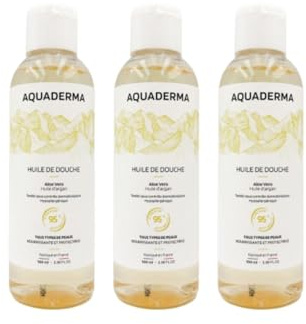 Aquaderma - Huile de douche - Aloe vera & argan - 3x100ml | Format Voyage - Nourrit et Protège - Visage et Corps - 95% Origine Naturelle - Hypoallergénique - Fabriqué en France