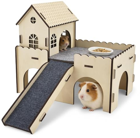 3-in-1 Meerschweinchen Haus, Hamster Haus aus Holz mit Plattform, Treppe und Matten, Extra Groß Meerschweinchen Schloss Abnehmbare Verstecke für Hamster, Kaninchen & Chinchillas