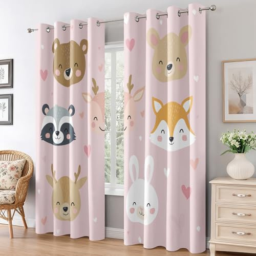 Generisch Cartoon Tier Vorhänge Wohnzimmer Deko, Wald Tier Kinder Gardinen Blickdicht Schlafzimmer Fenster, Thermo Verdunklungsvorhänge mit Ösen 2er Set, H 175 x B 140 L-C&56