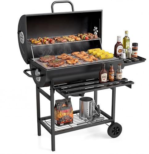 COSTWAY Charcoal BBQ Grill, Garden Barbecue Trolley with Wheels, Shelves and Thermometer, Outdoor Smoker Barbecue Griller for Camping Picnic Party (with Ash Box, Front & Side Table)