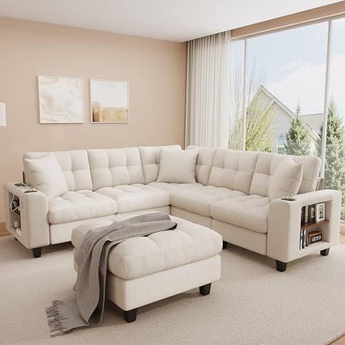 BTM 6 Sitzer XXL Modulares Sofa Wandelbares U Form Ecksofa mit Bücherregal-Armlehnen, Hocker L Couch für Wohnzimmer Beige