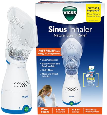 Vicks Sinus Inhaler, Plug-in Non-Medicated Steam Inhaler for Sinus Relief, Allergies, Congestion & Colds, Vocal Steamer, Soothes Nasal & Throat Passages, Works with VapoPads (1 Included)