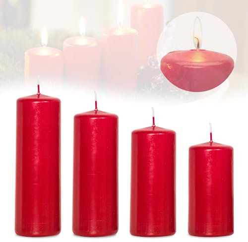 Candelo 4er Set Stumpenkerzen Weihnachten Ambiente Kerzen - Bordeaux 12/14/16/18cm - Advent Kerze Weihnachtsdekoration - Weihnachtskerzen für Adventskranz