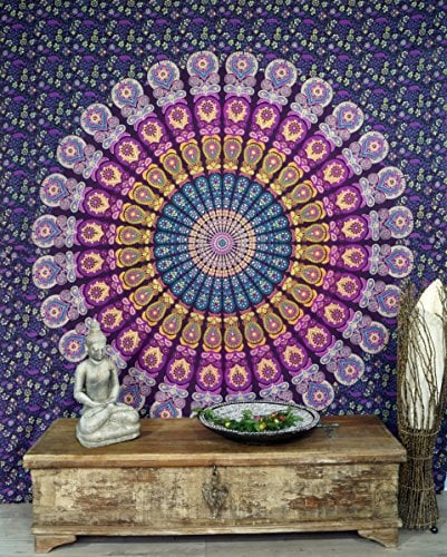GURU SHOP Boho-Style Wandbehang, Indische Tagesdecke Mandala Druck- Blau/lila, Violett, Baumwolle, 220x210x0 cm