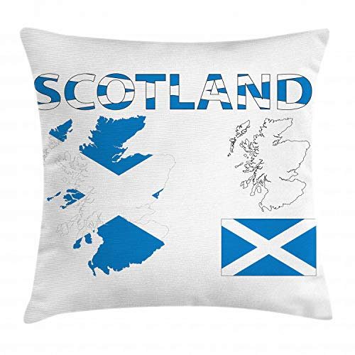ABAKUHAUS Schottland Kissenbezug, Landkarte und die Flagge, Waschbar mit Reißverschluss Kissenhülle mit Farbfesten Klaren Farben Beidseitiger Druck, 40 x 40 cm, Kobalt-Blau-Weiß