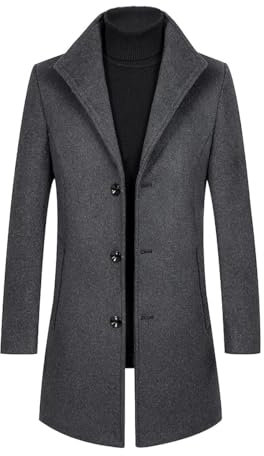 Allthemen Men's Trench Coat Stand Collar Casual Woolen Coat Winter Long Jacket Single Breasted Overcoat, Gray2, M