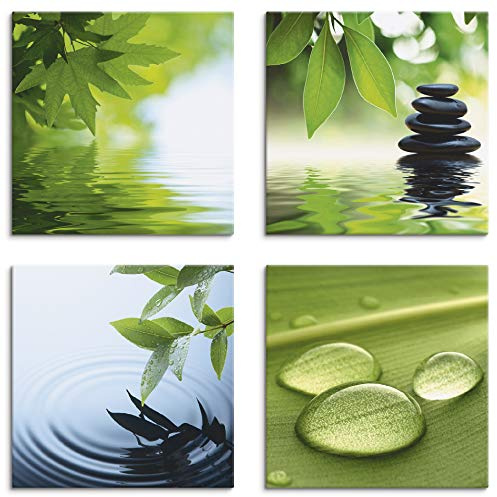 ARTLAND Wanddeko Wellness Bilder Leinwand Bilder Set 4tlg. je 30x30 cm Quadratisch Wandbilder Zen Wasser Blätter Stein Pyramide Tropfen S6PI