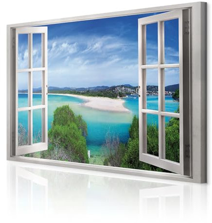 decomonkey - Impression sur Toile Nature Fenetre 60x40 1 Pièce - Tableau Décoration Appartement Cadre en Bois Déco Salon Peinture sur Toile Des arbres paysage mer nature vue depuis la fenêtre