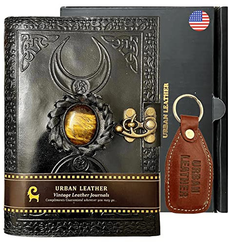 Urban Leather Journal for Drawing Sketchbook Scrapbook Notebook - Tiger Eye Semiprecious Stone Rivets Celtic Diary Grimoire Book of Shadows Daily Planner - Dark brown, unlined paper