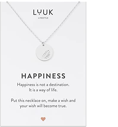 LUUK LIFESTYLE Halskette aus Edelstahl mit Anhänger und HAPPINESS Spruchkarte, Freundschaftskette, Geschenk zum Geburtstag, Damenschmuck, Silber, Gold, Rosé