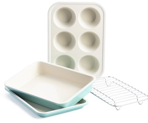 GreenLife Bakeware Healthy Ceramic Nonstick Toaster Oven Mini 4 Piece Baking Set, Includes 6-Cup Muffin Tin, Rectangular Cake Tin, Baking Tray & Cooling Rack, PFAS-Free,Oven Safe Up To 230°C,Turquoise