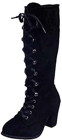 Stivali da Donna, Scarpe Stivali Donna Moda Casual Vintage Retro Mid-Calf Stringate Tacchi Spessi Scarpe (37,Nero)