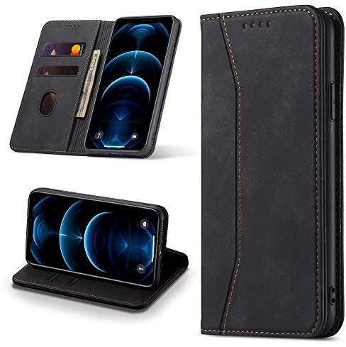 Leaisan Handyhülle für iPhone 12/iPhone 12 Pro Hülle Premium Leder Flip Klappbare Stoßfeste Magnetische [Standfunktion] [Kartenfächern] Schutzhülle für iPhone 12/iPhone 12 Pro Tasche - Schwarz