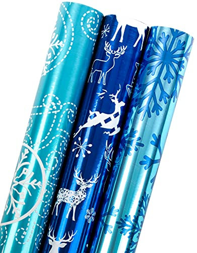 MAYPLUSS Weihnachts-Geschenkpapierrolle – Mini-Rolle – 43,2 x 304,8 cm pro Rolle – 3 verschiedene blaue Designs mit Glitzer-Metallic-Folienglanz (42,3 m²)