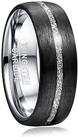 TUNGSTORY 8mm Verlobungsring für Frauen Herren Wolframkarbid Ring Eingelegt mit Schwarzer Kohlefaser und Imitiertem Meteoriten Komfort Fit Größe 57(18.1)