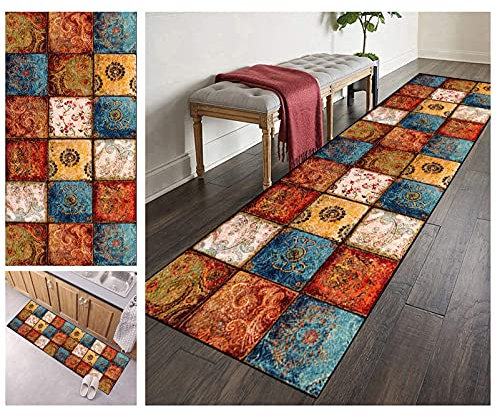 ZVEZVI Teppich Läufer Flur Küche rutschfest Waschbar Boho Bunt 60X100CM Vintage Meterware, Teppichläufer Kücheläufer Polyester Anpassbar