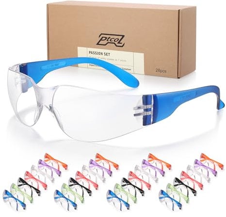PTCOL Schutzbrillen in 7 Farben (Packung mit 24 + 4 Stück), Unisex, transparent, kratzfest, stoßfeste Gläser, mit ANSI Z87.1 EN166 für Bau, Schießen und Labor, 28 Stück