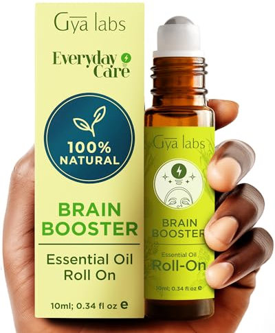 Gya Labs Brain Booster Essential Oil Roll on - 100% Reines Natürliches Erfrischende Gehirn Öle Mischung mit Rosmarinöl, Sandelholz, Zitronengras & Grapefruit - Reisegröße (10ml)