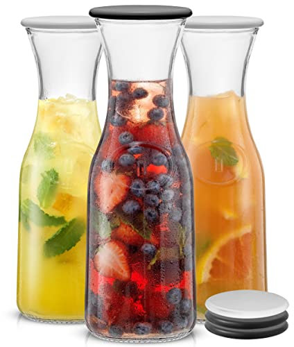 JoyJolt Glass Carafe with Lids. 3 Glass Carafes for Mimosa Bar 36 oz Capacity. 6 Lids! Brunch Decorations, Bedside Water Carafe, Orange Juice Container, Catering Drink Carafes & Pitchers for Parties