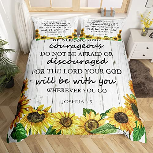 Sunflower Bedding Set King Size Bible Verse Sunny Flowers Comforter Cover For Kids Child,Inspirational Quotes Duvet Cover Botanical Garden Floral Quilt Cover Rural Pastoral Style Rustic Room Decor