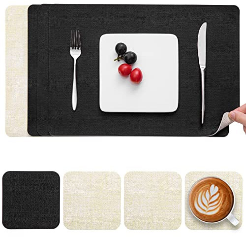 Myir JUN Tovagliette Americane e Sottobicchieri Set di 4, Tovagliette Americana Plastica Lavabili Tovagliette Colazione in Pelle Tovaglietta Antiscivolo Impermeabile (Crema Nero, Set di 4)