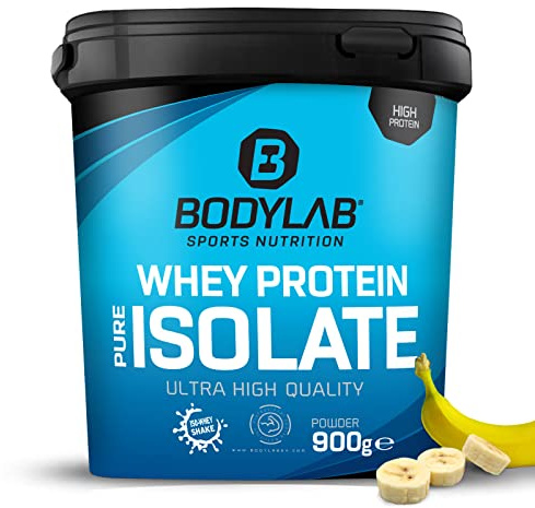 Whey Protein Isolate 900g Banane Bodylab24, Eiweißpulver aus Whey Isolat, Protein-Pulver kann den Muskelaufbau unterstützen, konzentriertes Iso-Whey-Protein frei von Aspartam