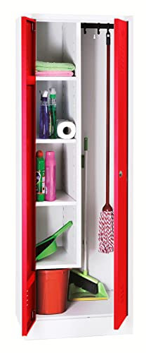 Schrank & Stuhl Mehrzweckschrank | Besenschrank mit verkürzter Trennwand, Hakenleiste und 5 Fächern 180x60x50, Drehriegelverschluss, komplett montiert, Weiß/Rot