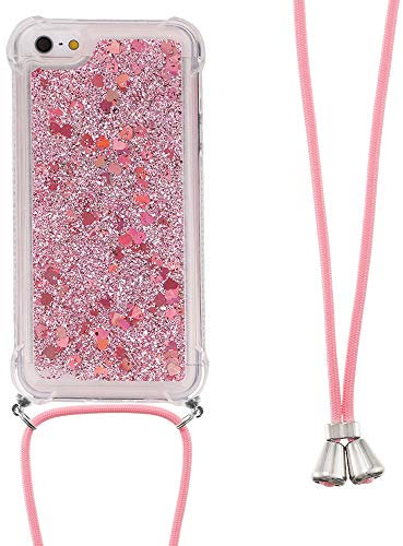 LEMAXELERS Necklace Phone Case for iPhone 6S / iPhone 6,iPhone 6S Cover,Glitter Bling Flowing Liquid Shiny 3D Moving Quicksand Cover with Necklace Cord Strap for iPhone 6S,GS Rose Hearts