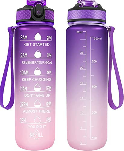 Wasserflasche, Sportflasche, 1 l, Kunststoffflasche, BPA-frei, mit Strew und Zeitmarkierung, auslaufsichere Wasserflasche (lila und rosa)