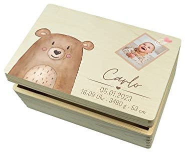 wunderwunsch - Personalisierte Erinnerungsbox Baby mit Foto - Individuelle Baby Erinnerungsbox - Niedliche Erinnerungskiste aus Holz - Tolles Geschenk zur Geburt