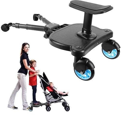 Buggy Board mit Sitz, Stehbrett, Kleinkinder, Kinderwagen-Board, stabiles Zweirad-Design mit Sitz, Stehbrett passt auf jeden Kinderwagen (Blau)