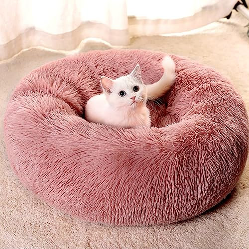 MDDK DY Katzenbett Flauschig Plüsch Hundekörbchen Hundekorb Waschbar, Katzenkorb zum schlafen,Hundekissen, Katzenkissen Rund, Hundebett für Kleine und Mittel Große Hunde Katzen 50 cm Leder Pink