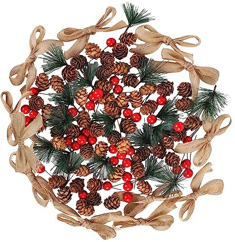 120 Piezas Navidad Guirnalda Hacer Decoración, Ramas de Pino Artificial Bayas de Acebo Rojas Piñones Naturales Lazo para Árbol de Navidad Decoración Guirnalda Otoño Invierno DIY Manualidades