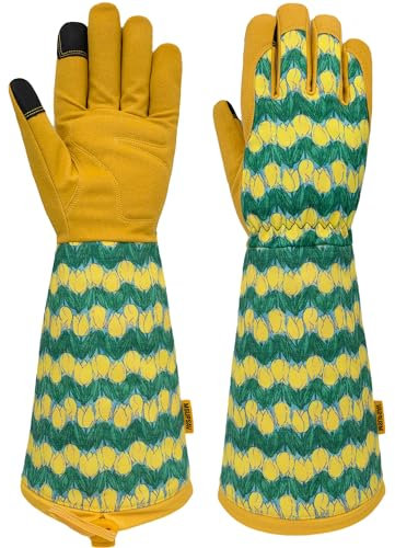 MSUPSAV Gartenhandschuhe Lange Gartenhandschuhe für Damen und Herren, Dornenbeständige Gartenhandschuhe, Lederarbeitshandschuhe, Gartengeschenke, Geburtstagsgeschenke (Größe L, Gelb)
