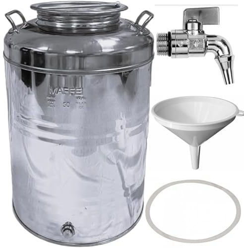 Pinto FERRAMENTA Bidone Fusto Contenitore Olio Vino Ziro in Acciaio Inox Tanica con Rubinetto Imbuto e Guarnizione in Omaggio Made in Italy (15 Litri)