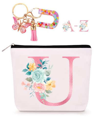 Lingdeer Personalisierte Make-up-Tasche mit Initialen-Schlüsselanhänger, individuelle Reise-Make-up-Tasche, Geburtstagsgeschenk für Frauen, Mädchen, Brautjungfer, Teenager, Lehrer, Monogramm, kleine