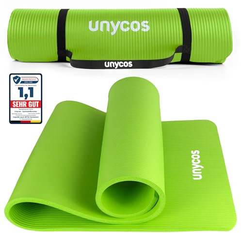 unycos - Gymnastikmatte - Yogamatte Rutschfest【183x60 cm】NBR 15 mm Dicke | Inkl. Tragegurt und E-Book mit Übunge, Sportmatte Ungiftig für Fitness, Pilates & Gym, Home Sport (Grün)