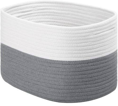 Woven Cotton Rope Storage Boxs With Hollow Handle, Toy Storage Baskets for Shelves Bathroom Towel. (White/Grey, 1 Pack)