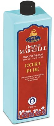 FLEUR DE MARSEILLE Sapone di Marsiglia PURO - Flacone Ricarica 1L, Sapone Liquido per Mani Viso e Corpo - Detergente Ecologico Naturale, Riequilibra il PH Della Pelle